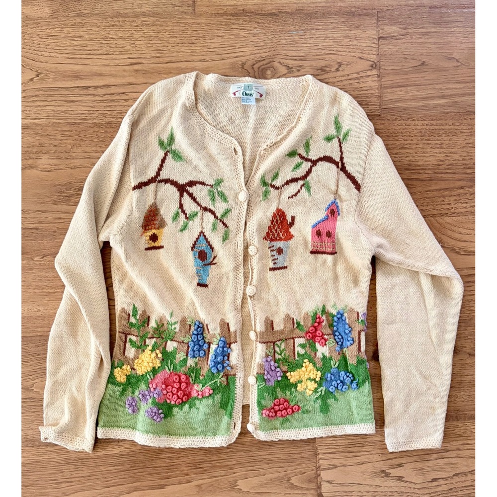 Vintage Orvis Birdhouse Garden Embroidered Cardigan Sweater